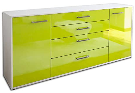 Lqliving Kommode Sideboard Elettra, Korpus in Weiss matt, Front im Hochglanz-Design Grün (180x79x35cm), inkl. Metall Griffen, Made in Germany