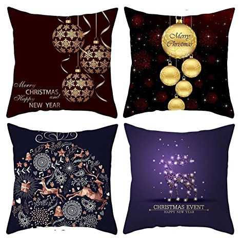 Dsnyu 4 Stück Kissenbezug Weihnachten, Hirsch Weihnachtsball Kissenbezüge Polyester, Lila Schwarz Kissenbezug Xmas Deko für Auto, Schlafzimmer 45x45cm