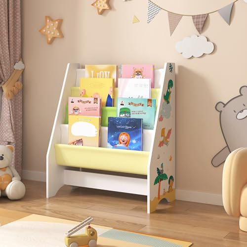 [en.casa] Kinderregal Fisterra Kinder-Bücherregal freistehend mit Dinosaurier-Motiv 74 x 62 x 29 cm Kinderzimmerregal mit 4 offenen Ablagefächern Bücher-Organizer Weiß/Grün/Gelb