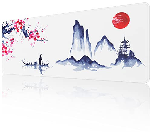 EFISH Tappetino per mouse giapponese bianco con fiori di ciliegio (80×30×0,3CM) Tappetino per mouse esteso di grandi dimensioni con bordi cuciti,base in gomma antiscivolo,Tappetino per mouse da gioco