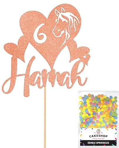 Personalised Horse Pony Love Heart Glitter Cake Topper - Rose Gold Custom Age & Name Glitter Cake Decoration and Sprinkles - Happy Birthday Decorations - Personalised Toppers for Cakes by Cakeshop
