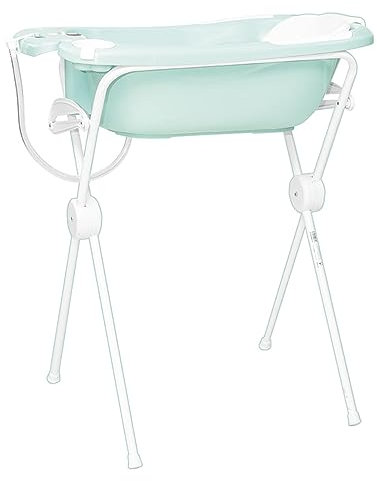 Olmitos - Cubeta Bañera para Bebé con Patas Plegables | Incluye Reductor Antideslizante y Termómetro de Agua, válvula de vaciado y cacito para agua | Desde 0+ Meses (Menta)