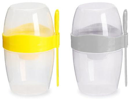 MEMOFYND Overnight - Tarro de yogur portátil a prueba de fugas de 870 ml con tenedor y cuchara, reutilizable, adecuado para ensaladas, frutas, nueces y cereales (amarillo, gris)