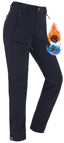 Vzteek Damen-Softshellhose-Thermohose-Wanderhose-Skihose-Wasserdicht-Winter-Warm-Gefüttert Regenhose Trekkinghose Kletterhose Outdoor Hosen für Damen 4 Reißverschlusstaschen(Navy,S)