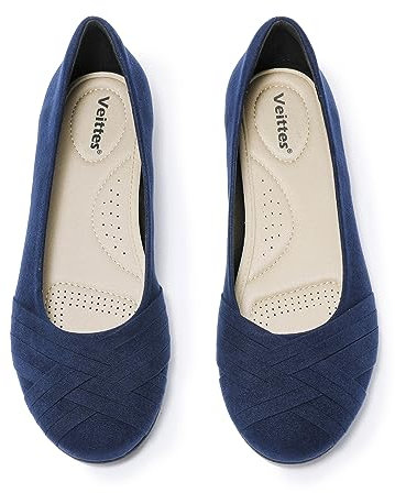 Veittes Women's Wide Width Flats Shoes - Classic Round Toe Slip-on Fashionable Ballet Shoes.(2109002-2310,BL/MF,UK10 Wide)