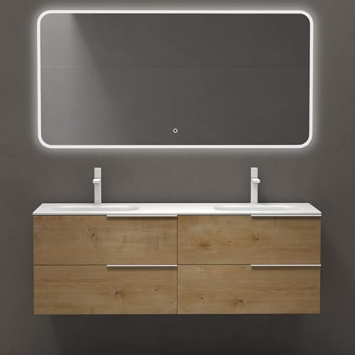 doporro Meuble de Salle de Bains 144 cm avec Double Lavabo Ensemble de 3 Pièces Vasque Miroir LED et Meuble sous Vasque Aspect de Chêne Design Vanessa