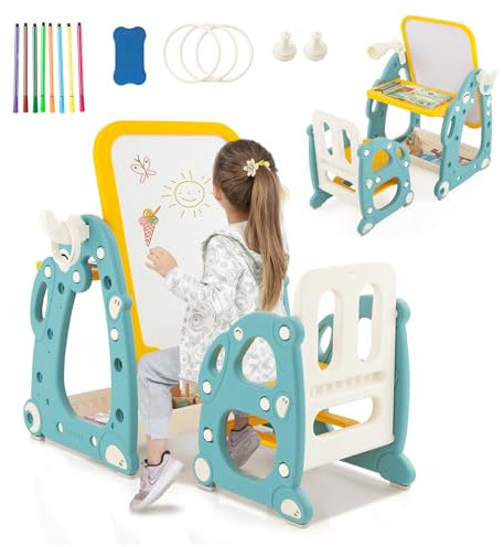 HOMASIS Malstaffelei für Kinder mit Stuhl, Kindertafel in verstellbarer Höhe, multifunktionaler und platzsparender Kindertisch, inklusive Stifte, Radiergummi für Whiteboards, Blau und Gelb