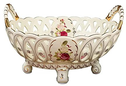 Fruteros de Cocina Plato de frutas Nuevo estilo chino Retro Hueco Cerámica Frutero Hogar Sala de estar Restaurante Decoración Porcelana Dos asas dobles Caramelo Plato de fruta Cesta de Frutas ( Size :