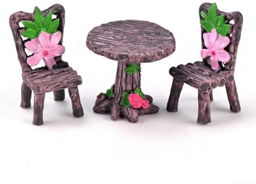 Garden Craft Blumentöpfe, Deko-Set, Miniatur-Tisch und Stuhl, Feen-Ornament (dunkler Kaffee – mit Blumen – runder Tisch)