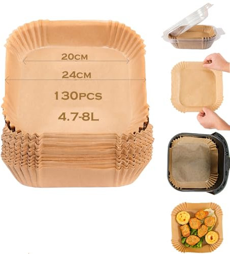 130 pcs Backpapier für Heißluftfritteuse,ölfest&Wasserfest,Luftfritteuse Backpapier for 4.7L or above(20-24cm/square/130pcs)