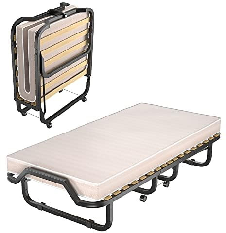 90x200cm Einzelbett mit Matratze aus Rückstellschaum, Klappbares Gästebett, Stabiler Metallbett bis 120 kg, Klappbett auf Rädern, Faltbett für Büro & Gästezimmer, Tragbares Bett (Beige)