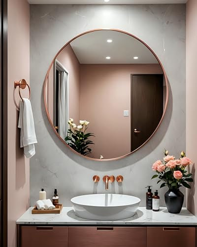 NESHER HOME, Miroir Mural, Rond, 60cm diamètre avec Cadre en Aluminium Surface revêtue de téflon, résistante à l'humidité, 2 cm de Profondeur, Peint par poudrage, Montage Facile Couleur Rose Gold