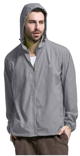 Rain Jacket Men's Waterproof Outdoor Jacket Ultralight Breathable Raincoat Sports Jacket Plain Lightweight Foldable Windbreaker Winter Jacket with Storage Bag Outdoor Plain Stretch, lightgrey, XL