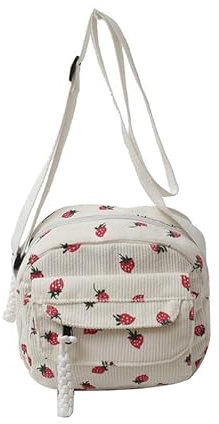 Huipalon Süße Umhängetasche, Erdbeer-Kord, Tragetasche, Geldbörse mit breitem und langem Riemen, süße kleine Umhängetasche, Kuriertasche, Cord-Handtaschen, Geschenk für Mädchen (weiß), weiß, 7*7.8