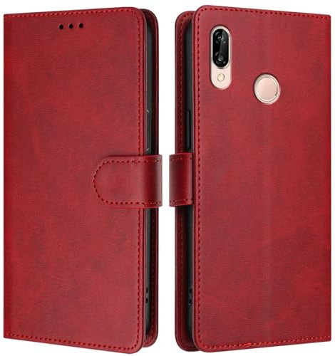 LMFULM® Hülle für Huawei P20 Lite (ANE-LX1, ANE-LX2, ANE-LX3) (5,84 Zoll) PU Leder Case Brieftasche Lederhülle Magnetverschluss Handytasche Stand Ledertasche Flip Cover Holster Rot