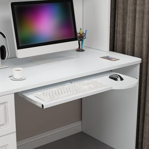 Keyboard Drawer Extendable Keyboard Holder Desk Keyboard Extension – For Mounting Under The Table,Extendable Platforms For Writing Workstations, Wooden Keyboard Tray With Pull-Out Rails(White,70x26cm)