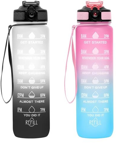 2 Stück Trinkflasche 1L, BPA-Frei Tritan Wasserflasche mit Strohhalm, Sport water bottle mit Zeitmarkierung für Fitness, Schule, Yoga, Outdoor (2 Stück Weiß-Schwarz, Rosa-Hellblau)