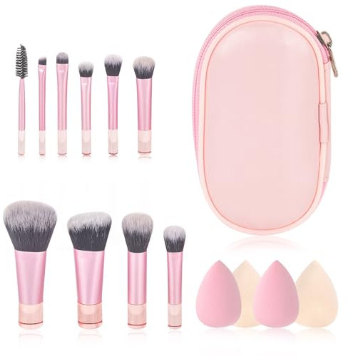 PLUSHCEWT Set de 10 Pinceaux Maquillage avec 4 éponges et Trousse Pinceaux Synthétiques Premium pour Fond de Teint Poudre Blush Fard à Paupières Concealer Contour Voyages et Usage Quotidien (B)
