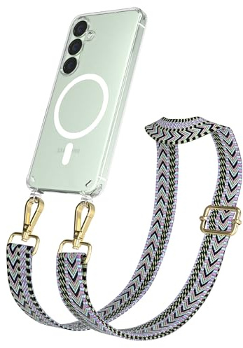 EAZY CASE Handykette - Verstellbares Taschenband kompatibel mit Galaxy S25, Schulterriemen, Handykordel mit Silikon Hülle, Qi Charging kompatibel, Umhängetasche, Lila Grün Gold