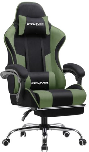 GTPLAYER Fabric Gaming Chair, Massage Ergonomic Computer Chair with Footrest, Lumbar Support, Headrest, Height Adjustable Home Office Reclining PC Racing Chairs,Green