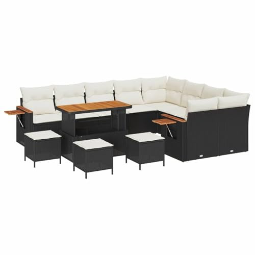 vidaXL 13-teiliges Garten-Sofa-Set mit Kissen in Schwarz und Weiß aus Poly-Rattan und Akazie. Tisch und Gartenmöbel für die Terrasse und den Balkon. Modular und UV-beständig, modernes Design.