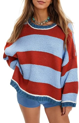 Fnortc Womens Oversized Striped Sweater Chunky Knit Crewneck Fall Pullover