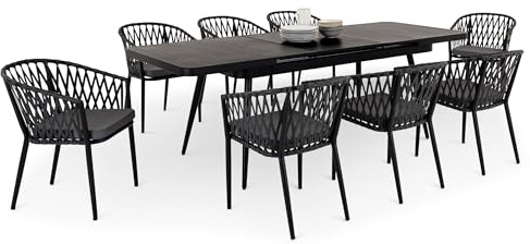 IDIMEX Gartenmöbel Set Sunny mit ausziehbarem Esstisch und 8 Stühlen, Esstisch Gestell aus Alu in schwarz, Seilbespannung der Stühle in grau, Essgruppe inkl. Sitzkissen, Terassenmöbel
