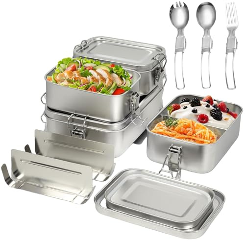 4er Pack 304-Stahl-Bento-Boxen, Edelstahl Brotdose Lunchbox mit Fächern Löffel Gabel, Lunchbox Edelstahl in Den Volumina 1400/850/550/550ml,Leckdichte Stapelbare Bento Lunch Box Für Suppe, Salat