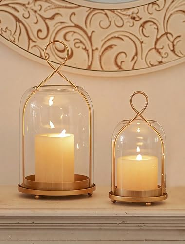 NUPTIO Candle Holder Gold Glass: Pillar Hurricane Lanterns for Living Room | Set of 2 Large Outdoor Decorative Hanging Brass Candle Holders Antique for Christmas Wedding Table Centrepiece Ornaments