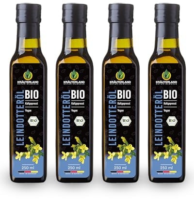 Kräuterland Bio Leindotteröl 4x250ml (1 Liter) kaltgepresst & mühlenfrisch | GVO-frei, Rohkostqualität, naturreines Camelina-sativa, glutenfrei, für Salat, Quark, Dips & Pesto, Omega-3 (ALA), Vitamin E