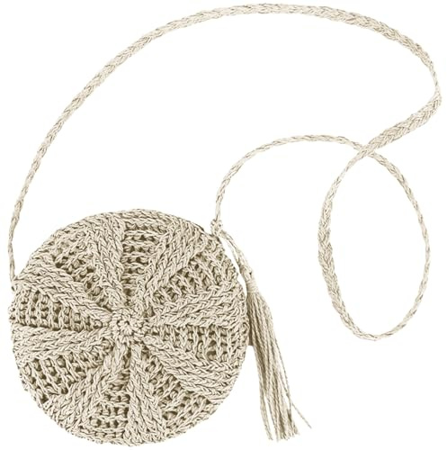 GWAWG Bohemian Straw Shoulder Bag for Women, Handmade Woven Crossbody Purse with Zipper, Round Handle & Tassel, Beach Summer Tote Bag for Outdoor Travel