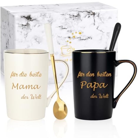 Verdaxis Mama und Papa Kaffeetasse Geschenke für Eltern, Geschenk Weihnachts für Mama Papa zum Geburtstag, Jahrestag, Hochzeitstag, Tassen Set mit Spruch Geschenke für Beste Mutter und Vater