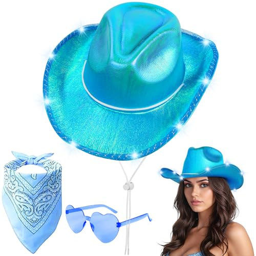Aomig CowboyHut Damen Herren Fashion Westernhut Cowboyhüte Cowgrilhut-G | Rockstar Randlose Hippie Herzförmige Brille Halstuch Wilder Westen Party Geburtstagsfeier Fasching Karneval Kostüm Party