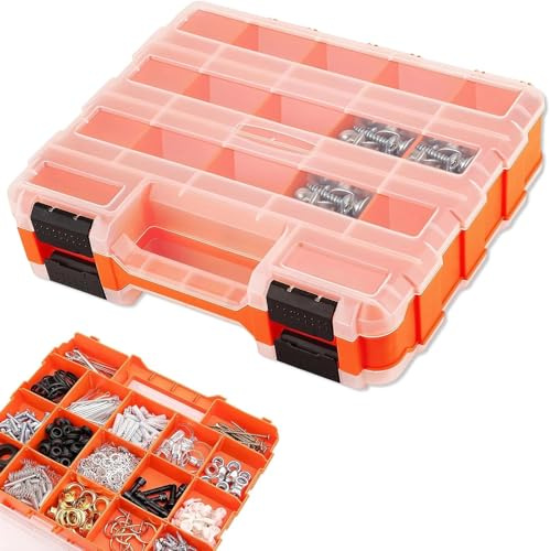 LNSYSNS Doppelseitige Schrauben Boxen Leer, Schraubenkiste mit 34 Fächern, Orange Schrauben Koffer, Trennwänden Schraubensortierbox mit Herausnehmbaren, für Schrauben, Befestigungselemente, Muttern