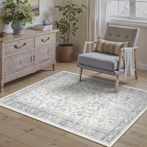 PureCozy Teppich Wohnzimmer Blaugrau 80x150cm Vintage Waschbarer Teppich | Weicher Kurzflor, Rutschfest, Pflegeleicht, Carpet, Schlafzimmer, Esszimmer, Büro ,Kinderzimmer