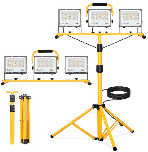 Yofuly LED Work Light with Tripod 21000LM | 160cm Telescopic Stand 3 Adjustable Heads 5M Power Cable Floodlight, Waterproof Site Light for Outdoor, Garage, Workshop