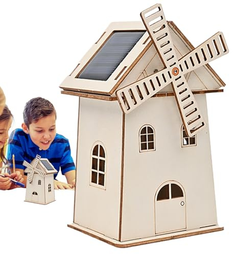 Solarbetriebenes Windmühlen-Modell-Set – elektronische Vintage-Windmühle aus Holz von 14 cm (5,51 Zoll), Kabinenornament aus unvollendetem Holz, erneuerbare Energie, kreativ, ideal für den Gebrauch