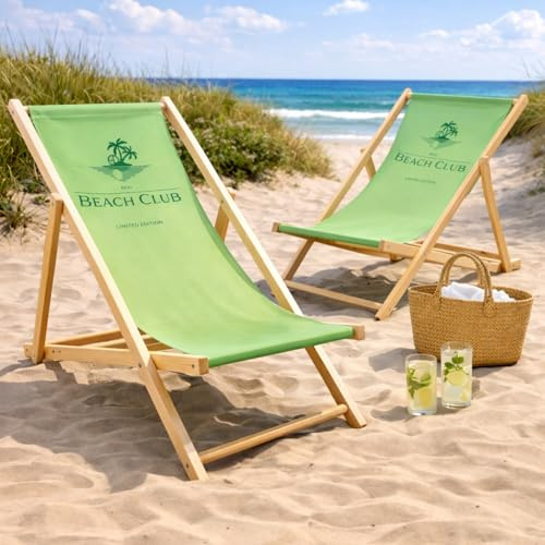 HAGO24 Strandliege Beach 2er Set Sonnenliege Gartenliege Liegestuhl Klappstuhl Holz Kiefernholz Polyester 3fach verstellbar faltbar Balkon Terrasse 120kg