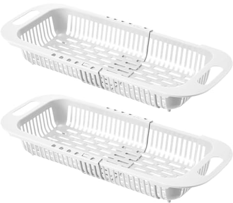 TEMPNAP 2 Coladores Retráctiles para Fregadero, Cesta Escurridora Rectangular Extensible para Frutas y Verduras, Plástico Blanco, 2 Piezas, Escurridor de Platos Fregadero para Cocina