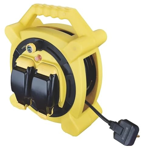 20m Outdoor Extension Cable Reel, Twin 2-Gang Power Socket with IP54 Splashproof Covers, 13A Heavy Duty Extension Lead, Integrated Thermal Safety Cut-Out & Power Indicator