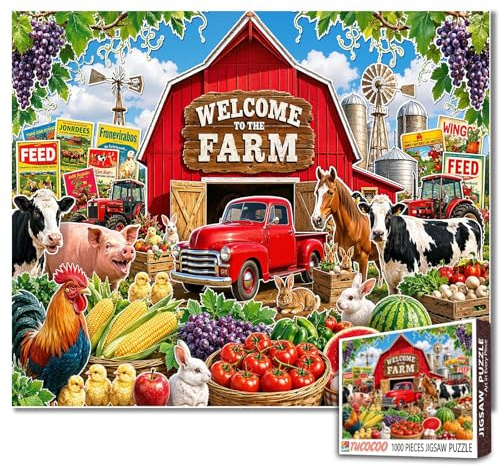 Farmers Market Jigsaw Puzzles 1000 Pieces Farm Animals Art Jigsaw Puzzles for Challenging Family Games Red Barn Puzzle Vintage Red Truck for Home Wall Decor Gifts 19.7x27.6