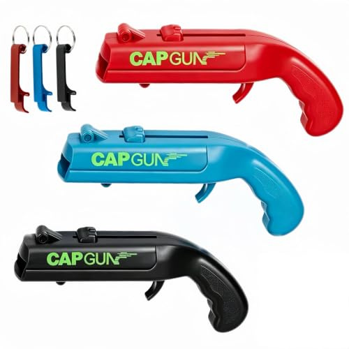 3Pcs Bottle Opener Cap Gun Funny Bottle Cap Gun mit 3 Bottle Opener Keyring | Beer Gifts for Men Fun Capgun Launchers, Novelty for Bar, Home or Party Use Gadget for Men (Christmas/Birthday)