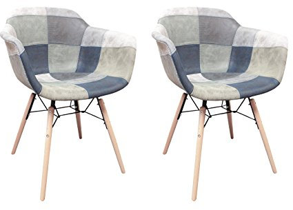 Meubletmoi Sessel Patchwork Blau skandinavisch Vintage – weich im Wildleder-Stil – Füße aus Holz – moderner Industrial – 2 Stück – Sommer