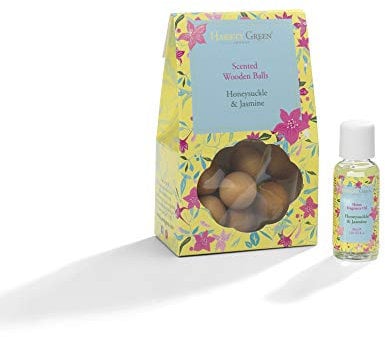 Hassett Green London - Honeysuckle & Jasmine - Scented Wooden Balls Pack of 12 plus 30ml Bottle of Home Fragrance Oil for Refreshing - Alternative to Pot Pourri, Diffusers, Sachets and Drawer Liners