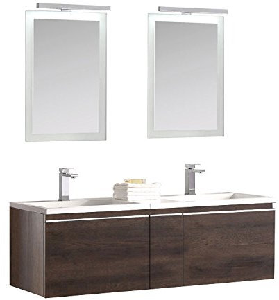 StoneArt Badmöbel Set mit Mineralguss Waschbecken und Unterschrank Waschtisch als Einzel- oder Doppelwaschbecken mit Unterschrank ohne Armaturen Milano ME-1400 Eiche dunkel 140cm
