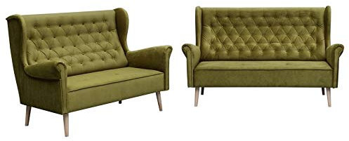 MOEBLO Polstergarnitur Ohrensofa 3 Sitzer 2 Sitzer Sofa Couch Garnitur Stoff Samt (Velour) Glamour Wohnlandschaft Chesterfield - Velo (Grün)