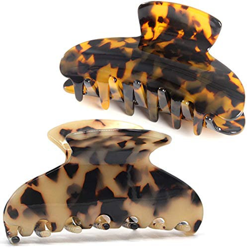 Lot de 2 grande pinces à cheveux pour femmes et filles,9.5cm grosse pince à griffes cheveux adulte, Écaille de Tortue pince cheveux crabe leopard,2 couleurs