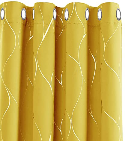 Deconovo Blackout Curtains, Eyelet Room Darkening Curtains, Silver Wave Line Foil Printed Window Treatment for Living Room, 52 x 72 Inch(Width x Length), Mellow Yellow, 2 panels