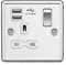 13A 1G Switched Socket Dual USB Charger Slots with White Insert - Rounded Edge Polished Chrome