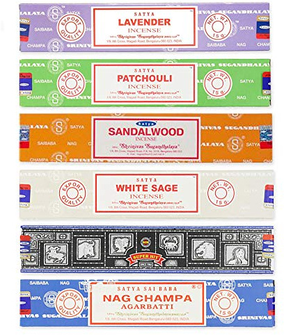 Satya Hochwertige Räucherstäbchen Joss, Lavendel, Patchouli, Sandelholz, weißer Salbei, Super Hit und Nag Champa mit Shakti-Räucherstäbchen